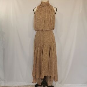 Taylor High-Low High Neck Sleeveless Dress in Tan/White Polka Dots - Sz 4